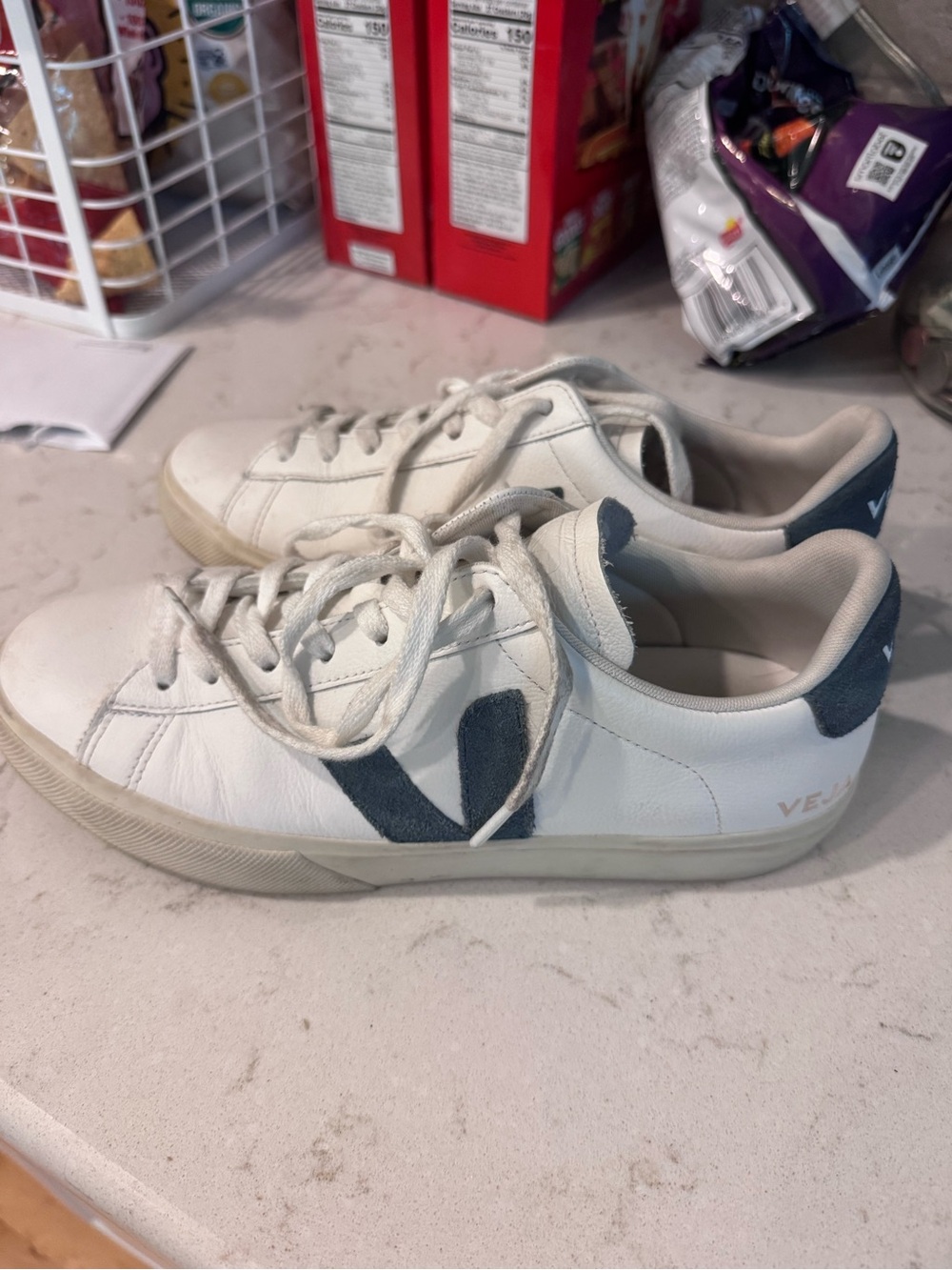 Veja Women's White Leather Sneakers with Blue Suede Accents